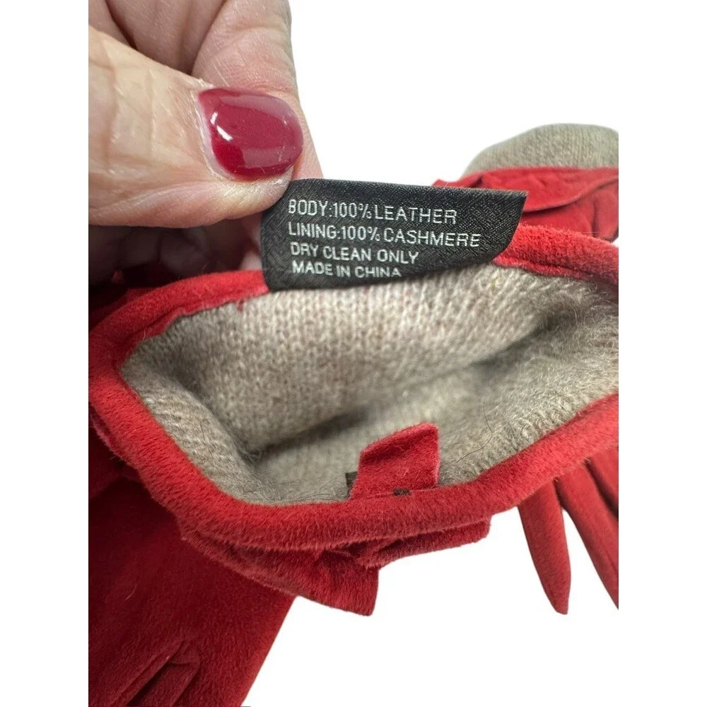 Cole Haan Red Suede Ruffle Cuff Gloves 100% Cashmere Lined womens size Medium
